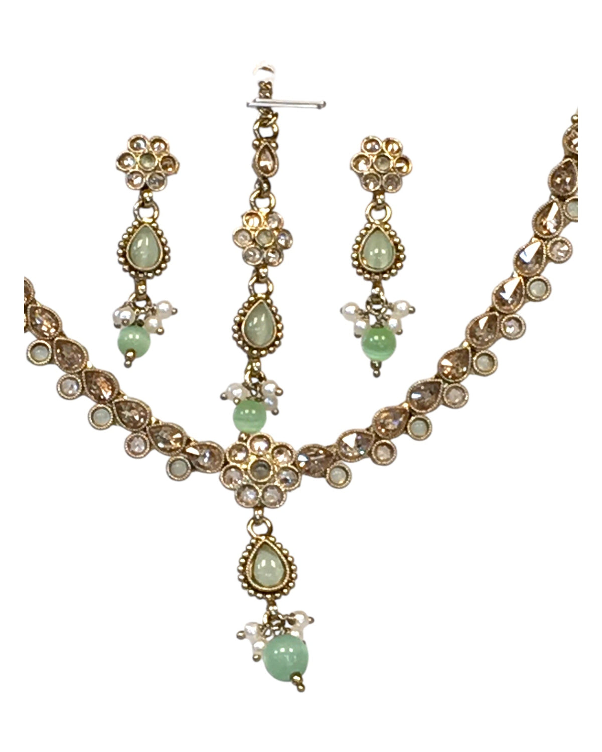Mint Green - Small Size Antique Gold Finish Necklace Set with Earrings & Head Piece /Tika- SLV78 11Ap24 - Prachy Creations