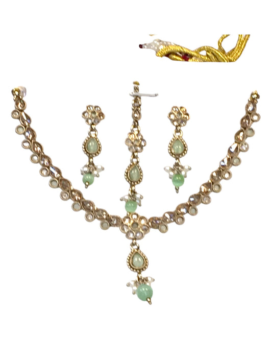 Mint Green - Small Size Antique Gold Finish Necklace Set with Earrings & Head Piece /Tika- SLV78 11Ap24 - Prachy Creations