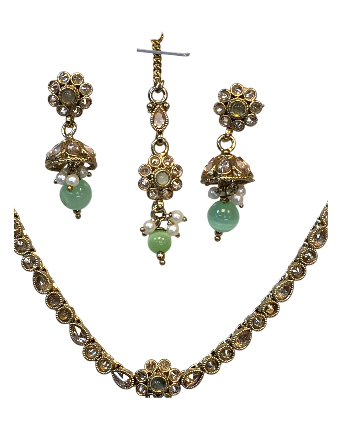 Mint Green - Small Size Antique Gold Finish Necklace Set with Earrings & Head Piece /Tika- SLV79 11A24 - Prachy Creations
