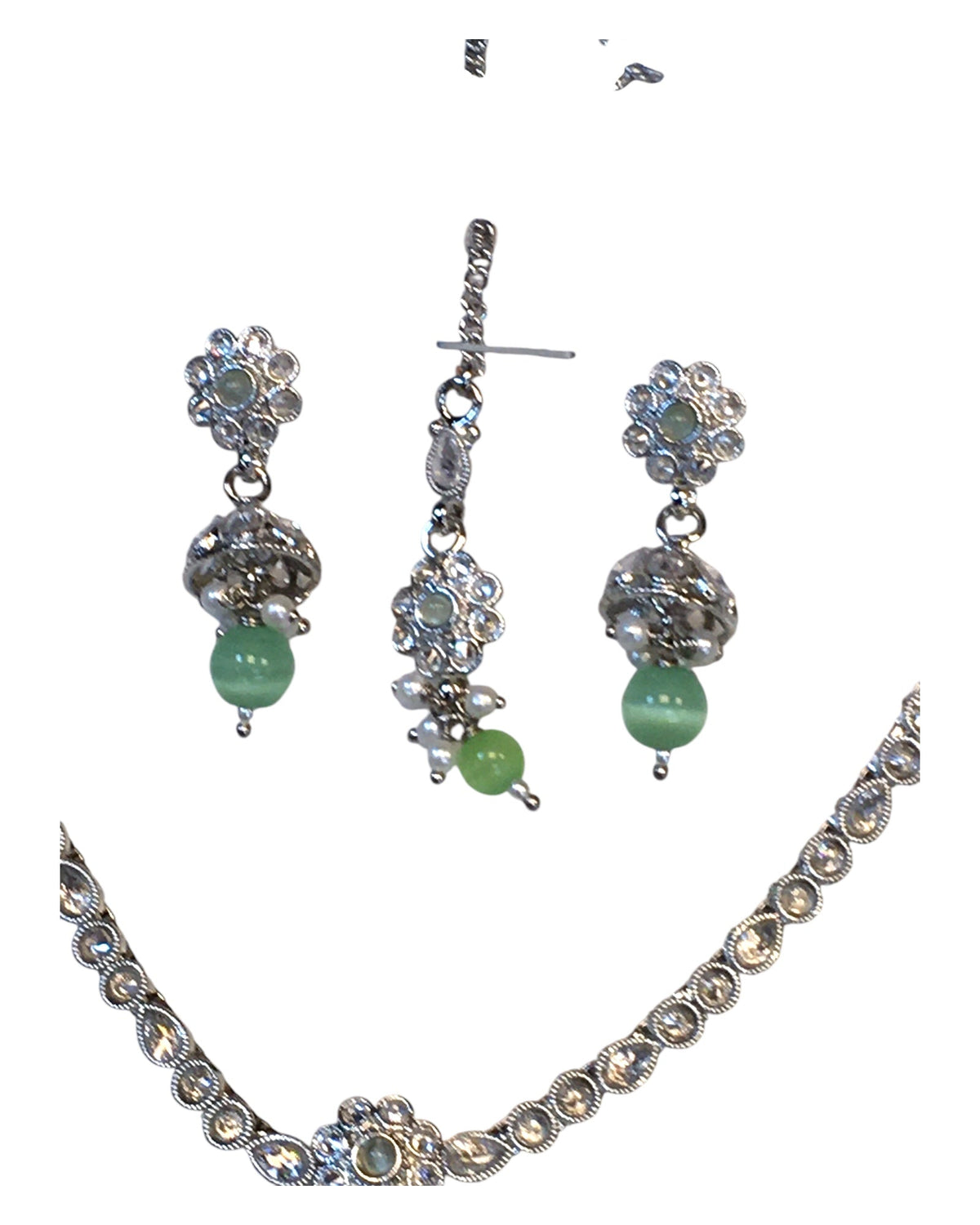 Mint Green - Small Size Silver Finish Necklace Set with Earrings & Head Piece /Tika- SLV79 11A24 - Prachy Creations