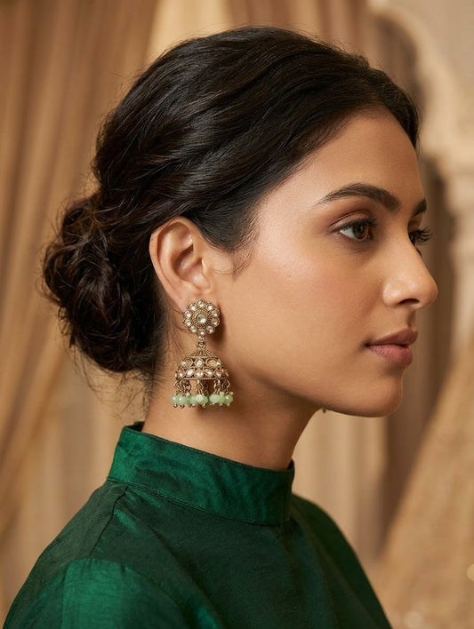 Mint / Light Green - Petite Floral Kundan & Pearl Jhumka Earrings - Prachy Creations