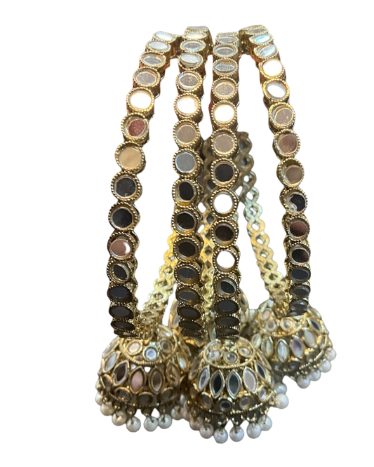 Mirror Work Zhumki Dangle - Antique Gold Finish Bangles Set (Set of 4) - UK stock - SM, M, L, XL AE2602 06P26 - Prachy Creations