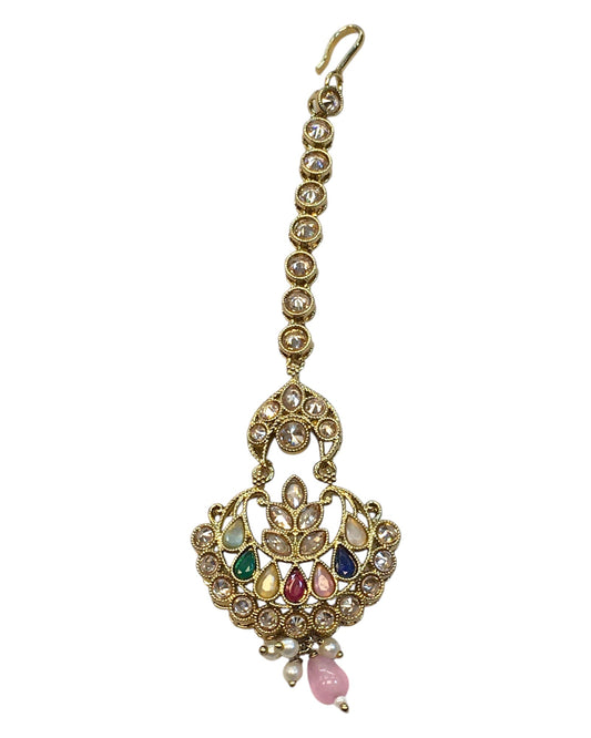 Multi Coloured - Antique Gold Finish Medium Size Tika Head Piece - Indian Ladies Fashion Jewellery - AE2429 11T24 - Prachy Creations