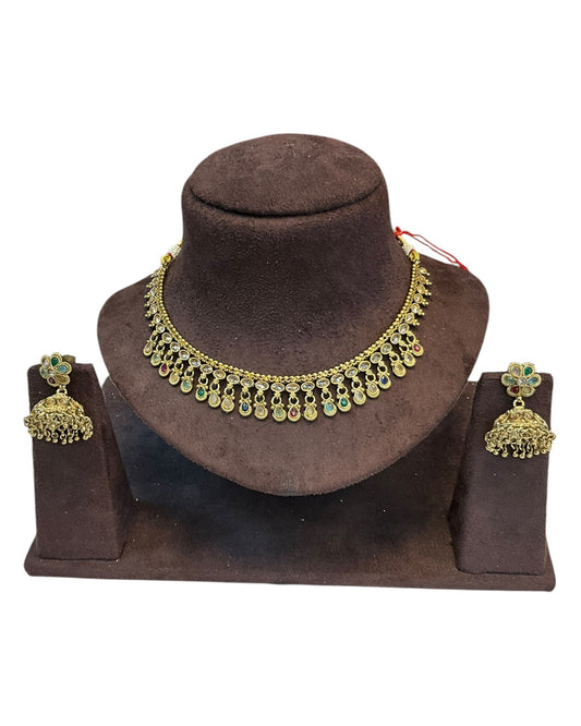 Multi Coloured - Small Size Antique Gold Finish Necklace Set - AE2506 C 0525 - Prachy Creations