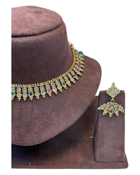 Multi Coloured - Small Size Antique Gold Finish Necklace Set with Earrings - AE2501 A 0525 - Prachy Creations