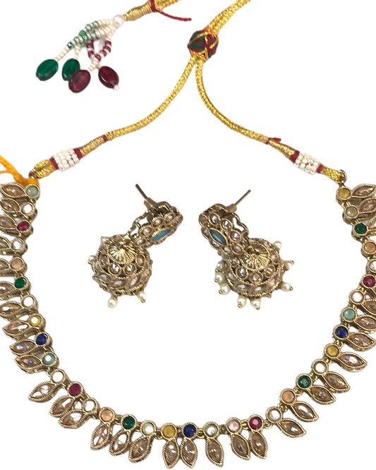 Multi Coloured - Small Size Antique Gold Finish Necklace Set with Earrings - SV2404 C 0424 - Prachy Creations