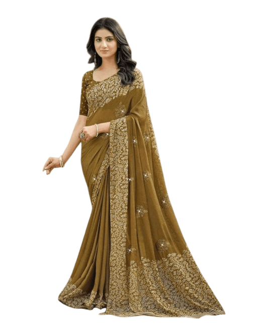 Mustard / Haldi Green - Chiffon Printed Saree with Blouse Piece - UK stock - 24hr Dispatch - LTF106 07KT26 - Prachy Creations