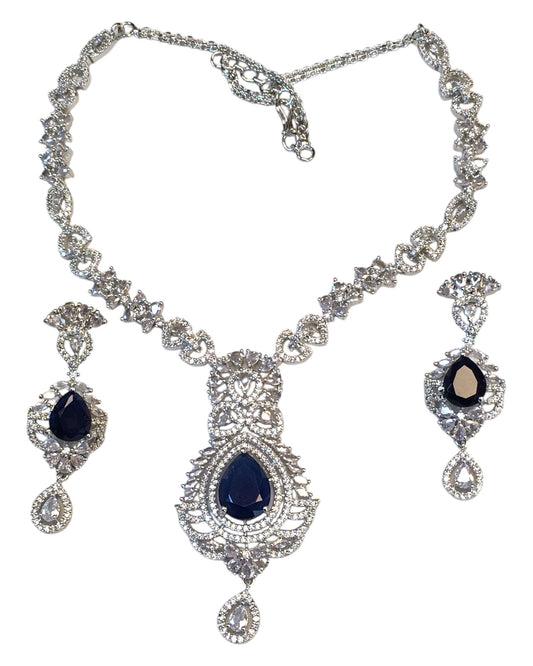 Navy Blue - American Diamond Style Silver Finish Large Size Necklace Set with Earrings - AE2425 11KK24 - Prachy Creations