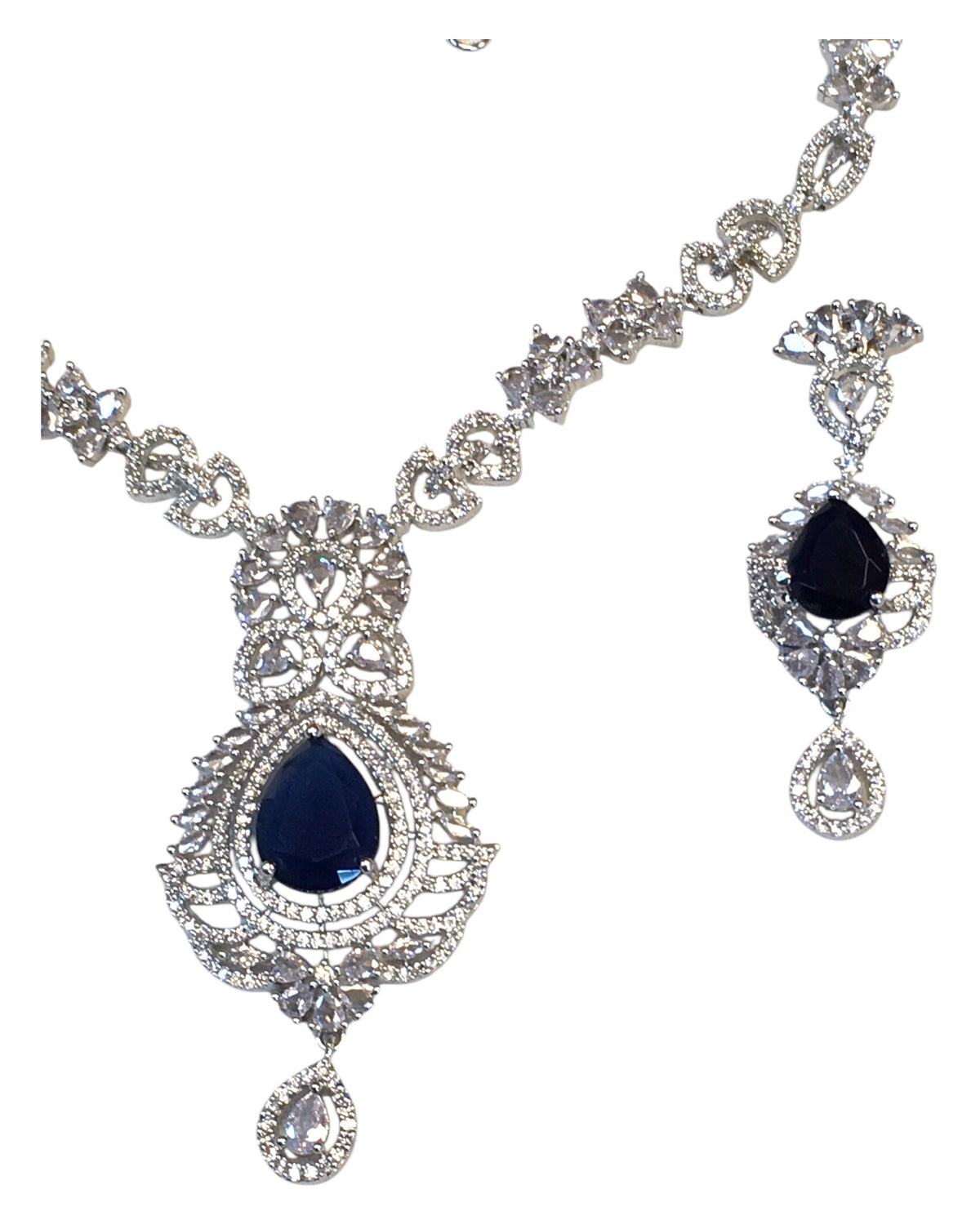 Navy Blue - American Diamond Style Silver Finish Large Size Necklace Set with Earrings - AE2425 11KK24 - Prachy Creations