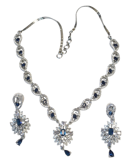 Navy Blue - American Diamond Style Silver Finish Small Size Necklace Set with Earrings - AE2421 11R24 - Prachy Creations
