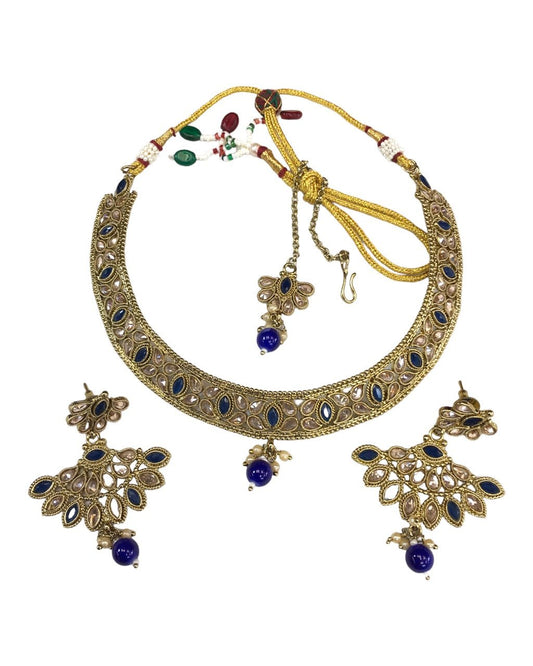 Navy Blue - Antique Gold Finish Choker Necklace set - Bollywood - Weddings -DAJ273 C 0523 - Prachy Creations