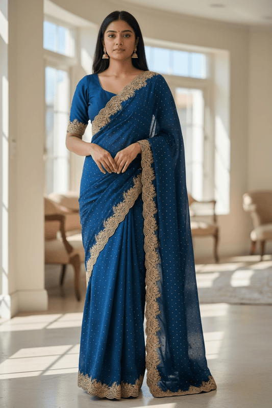Navy Blue - Fancy Embroidered Saree with Blouse Piece - UK stock - 24hr Dispatch - SP250633 KA - Prachy Creations