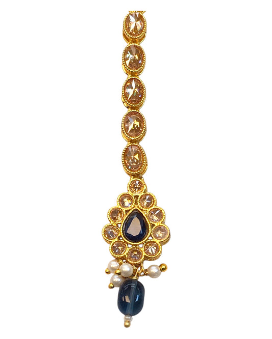 Navy Blue - Gold Finish Small Size Tika Head Piece - Indian Ladies Fashion Jewellery - AE2433 11Vp24 - Prachy Creations