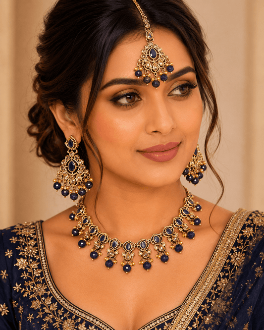 Navy Blue - Large Size Antique Gold Finish Necklace Set with Earrings - AV7787 11KK24 - Prachy Creations