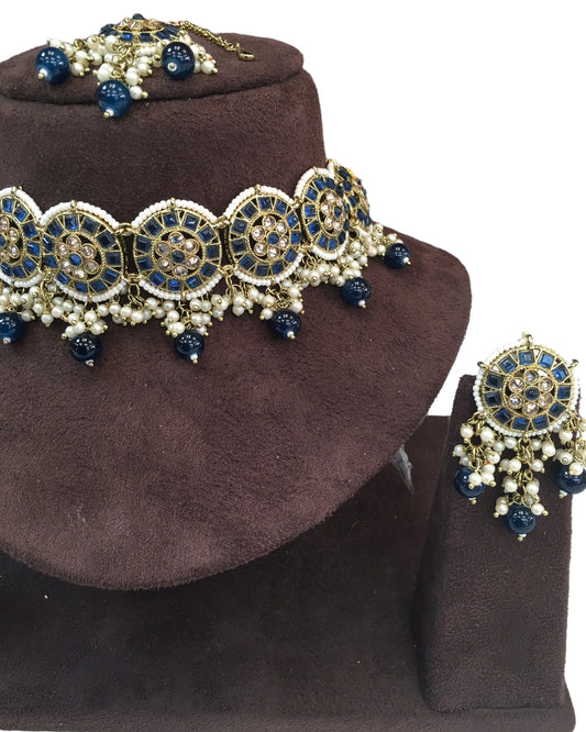 Navy Blue - Large Size Antique Gold Finish Necklace Set with Earrings - RAK05 VY 0424 - Prachy Creations