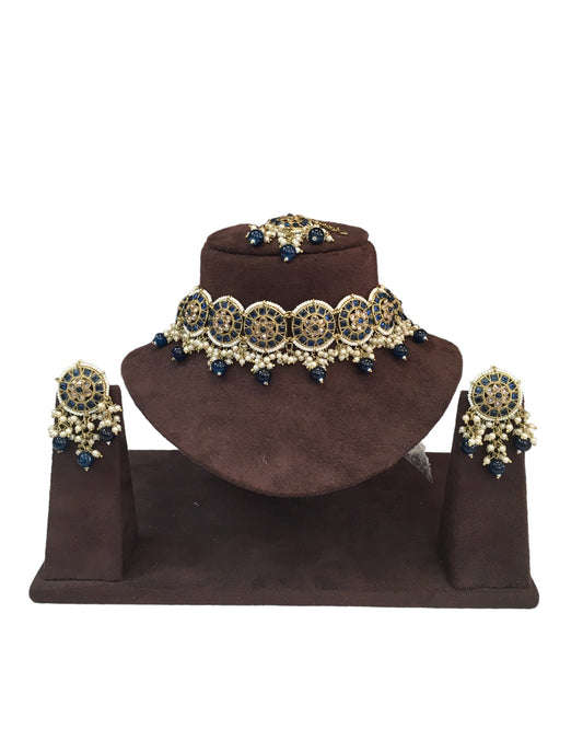 Navy Blue - Large Size Antique Gold Finish Necklace Set with Earrings - RAK05 VY 0424 - Prachy Creations