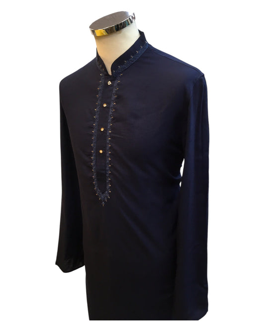 Navy Blue - Linen - Mens Indian Kurta set - Weddings / Walimas , Sangeet, Eid, Mehndi / Henna - NAD2507 01KA25 - Prachy Creations