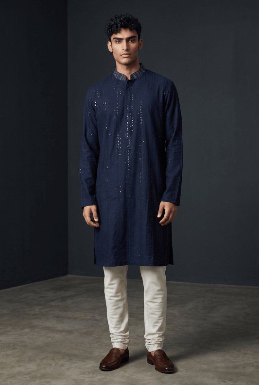 Navy Blue - Lucknawi Chikankari Chiffon Self Sequins Mens Indian Kurta set - Weddings / Walimas , Sangeet, Mehndi / Henna , Eid / Diwali - SHU2608 05KP26 - Prachy Creations