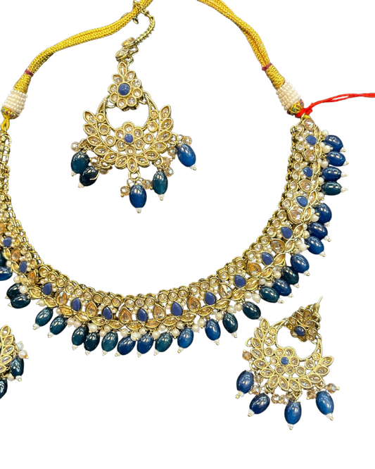 Navy Blue - Medium Size Antique Gold Finish Necklace Set with Earrings - RZ31 KYp - Prachy Creations