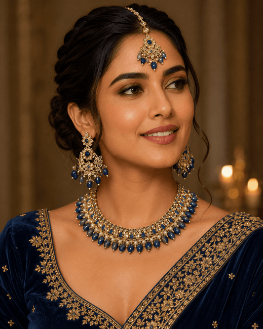 Navy Blue - Medium Size Antique Gold Finish Necklace Set with Earrings - RZ31 KYp - Prachy Creations
