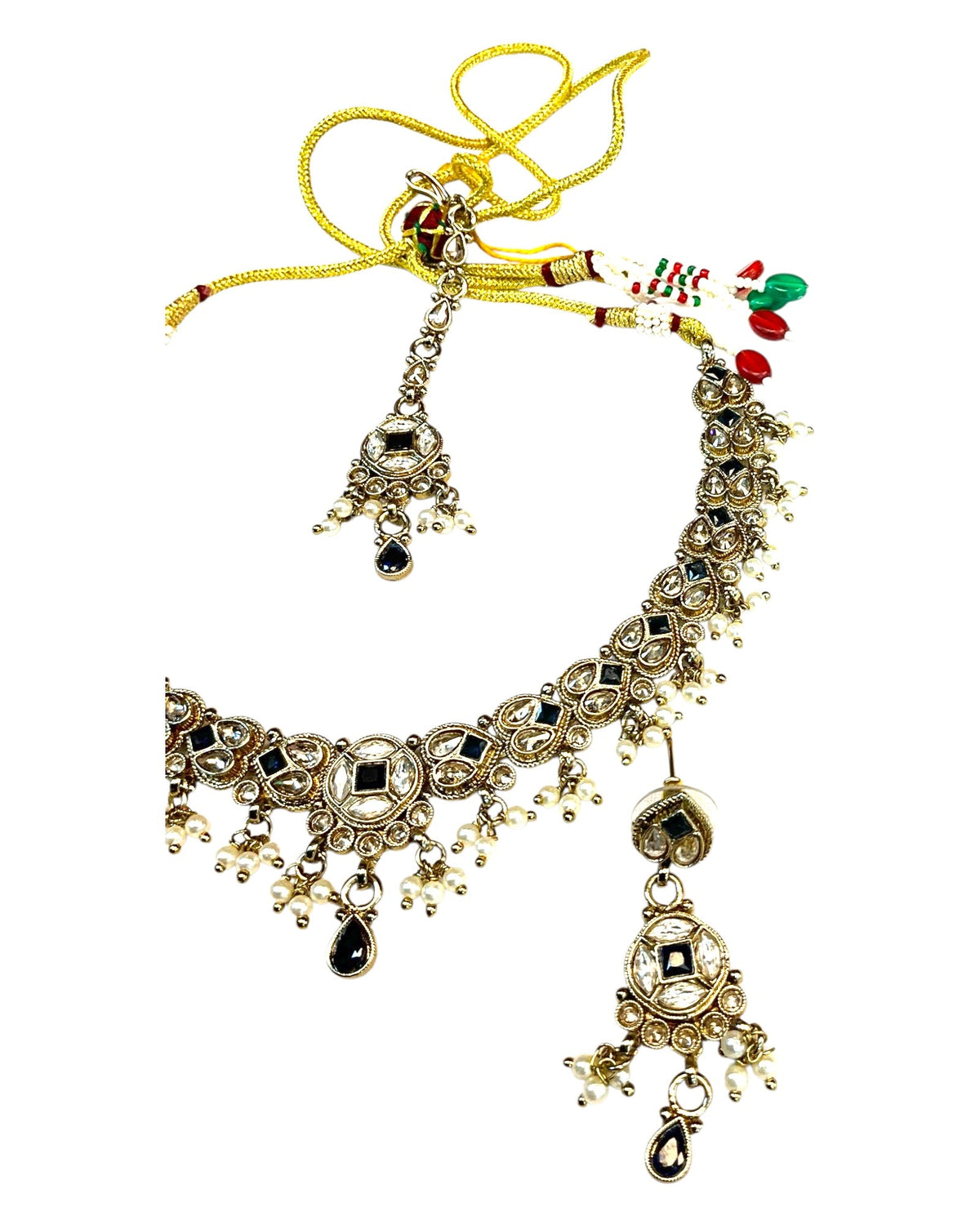 Navy Blue - Medium Size Antique Gold Finish Necklace Set with Earrings & Tika Head piece - SAJ04 08C25 - Prachy Creations