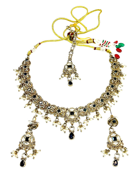 Navy Blue - Medium Size Antique Gold Finish Necklace Set with Earrings & Tika Head piece - SAJ04 08C25 - Prachy Creations