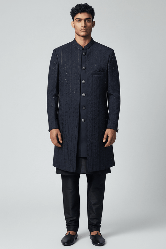 Navy Blue - Mens Knee Length Jacket with Long Waistcoat - Sherwani / Indo-Western - Fantastic Fit - KCS6625 03TT26 - Prachy Creations