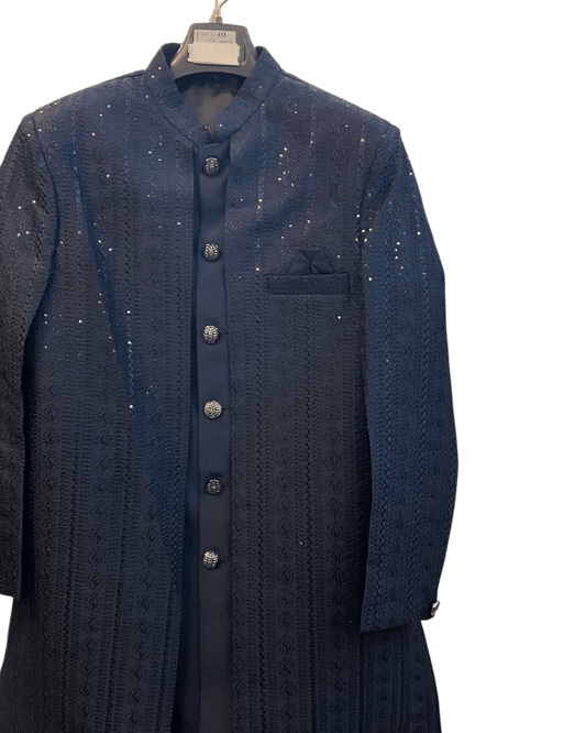 Navy Blue - Mens Knee Length Jacket with Long Waistcoat - Sherwani / Indo-Western - Fantastic Fit - KCS6625 03TT26 - Prachy Creations