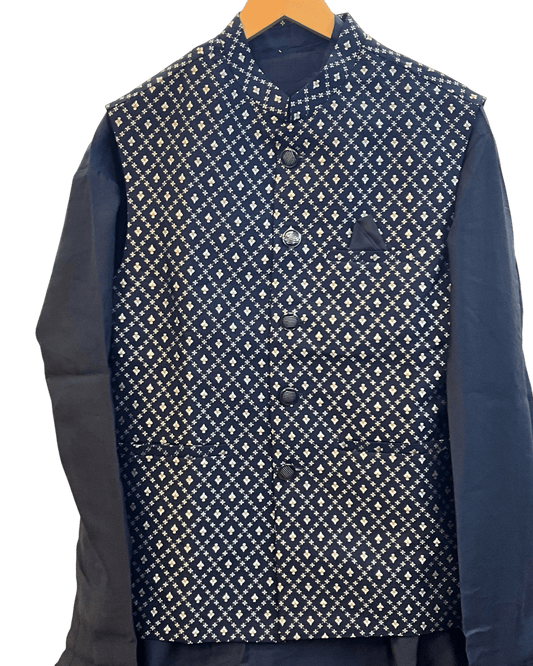 Navy Blue - Mens Kurta Set with Rich Brocade Waistcoat - UK Stock - Quick Dispatch - SHU2609 05VV26 - Prachy Creations