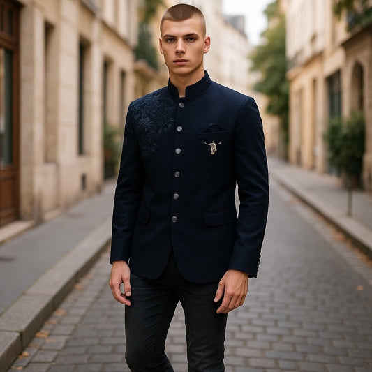 Navy Blue - PREMIUM Mens Self Brocade BandhGala / Prince / Chinese Collar Jacket with Hand Embroidery - Fantastic Fit - CS2507 03AY25 - Prachy Creations