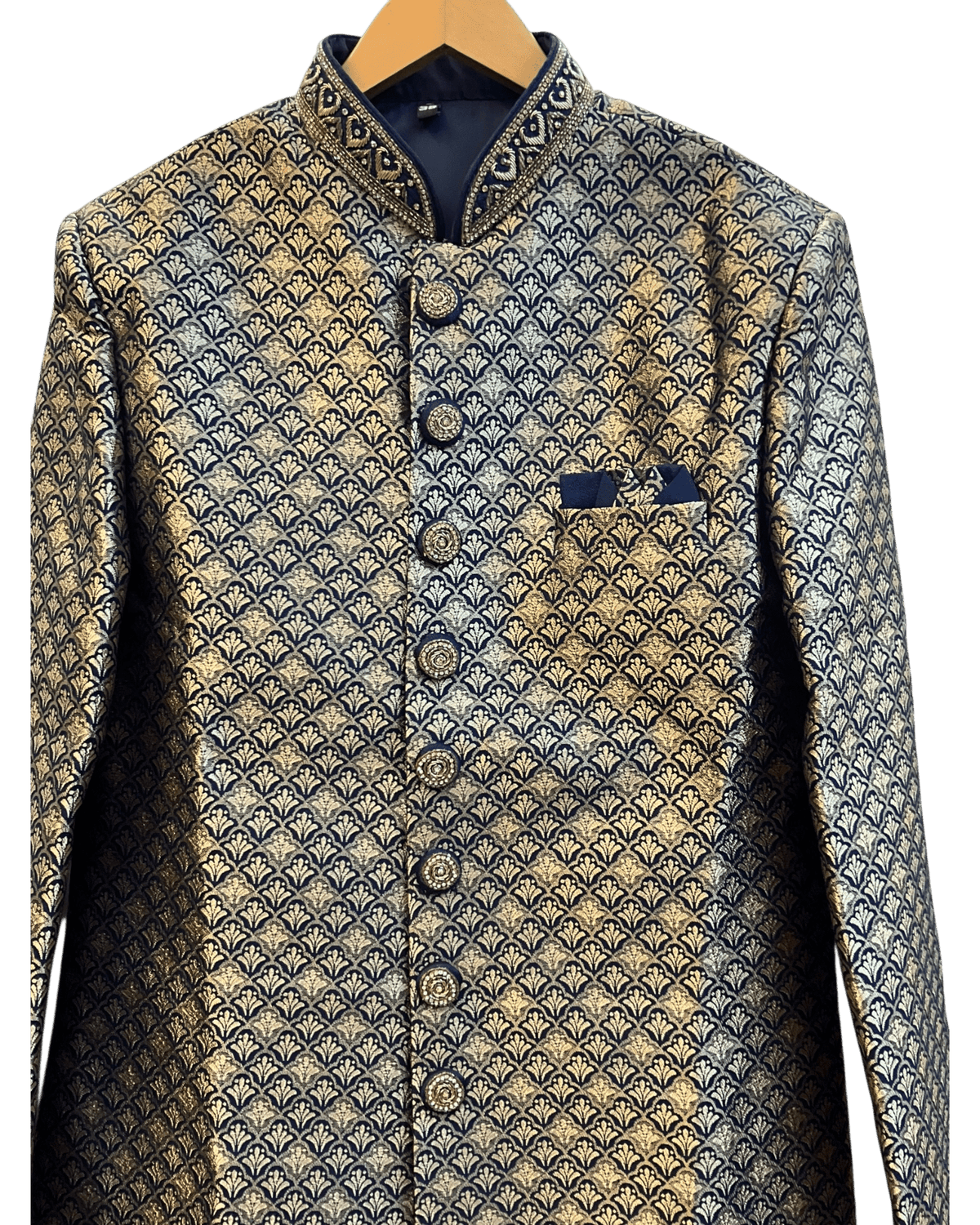Navy Blue - Rich Banarasi Briocade Mens Sherwani Set with Smart Pants - Weddings / Walimas , Sangeet, Eid, Mehndi / Henna - SHU2601 TV 0526 - Prachy Creations