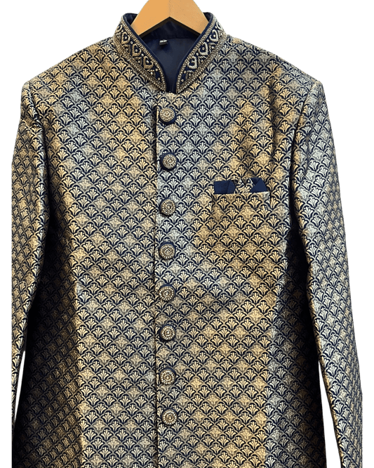 Navy Blue - Rich Banarasi Briocade Mens Sherwani Set with Smart Pants - Weddings / Walimas , Sangeet, Eid, Mehndi / Henna - SHU2601 TV 0526 - Prachy Creations