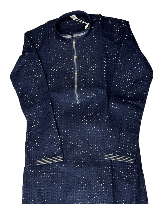 Navy Blue - Rich Lucknowi Sequins Mens Indian Kurta set with Trousers - UK Stock - Weddings / Walimas , Sangeet, Diwali, Eid, Mehndi / Henna - EM10075 05TT26 - Prachy Creations