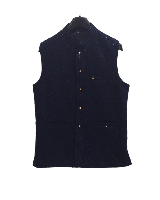 Navy Blue - Rich Lucknowi Sequins Mens Waistcoat - Bollywood - KCS4009 VY 0324 - Prachy Creations