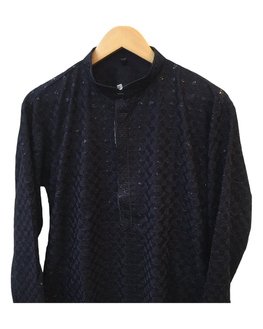 Navy Blue - Rich Sequins Lucknowi Chiffon Mens Indian Kurta Set with Smart Pants - Weddings / Walimas , Sangeet, Eid, Mehndi / Henna - YD2501 KC 0225 - Prachy Creations
