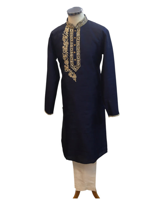 Navy Blue - Rich Silky Mens Indian Kurta set with Hand Embroidery - Weddings / Walimas , Sangeet, Mehndi / Henna , Eid / Diwali - BS2507 01JV25 - Prachy Creations