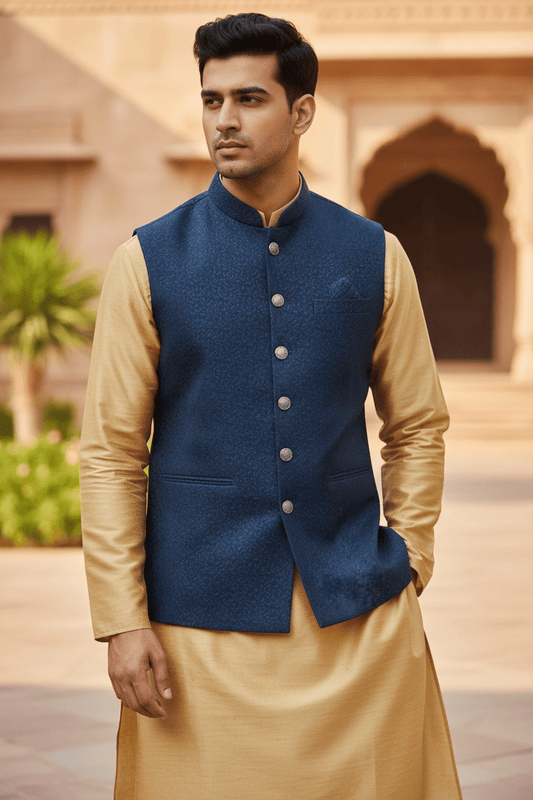 Navy Blue - Self Brocade - Premium Suede Feel Mens Indian Waistcoat - UK Stock - 24 hr Dispatch - VNS-JKT697/30 10KP25 - Prachy Creations