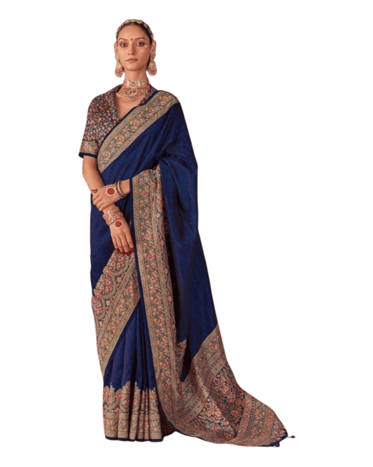 Navy Blue - Traditional Block Printed Dupion Silky Saree with Blouse Piece - UK Stock - 2/3 days Delivery 12KC25 K915 - Prachy Creations
