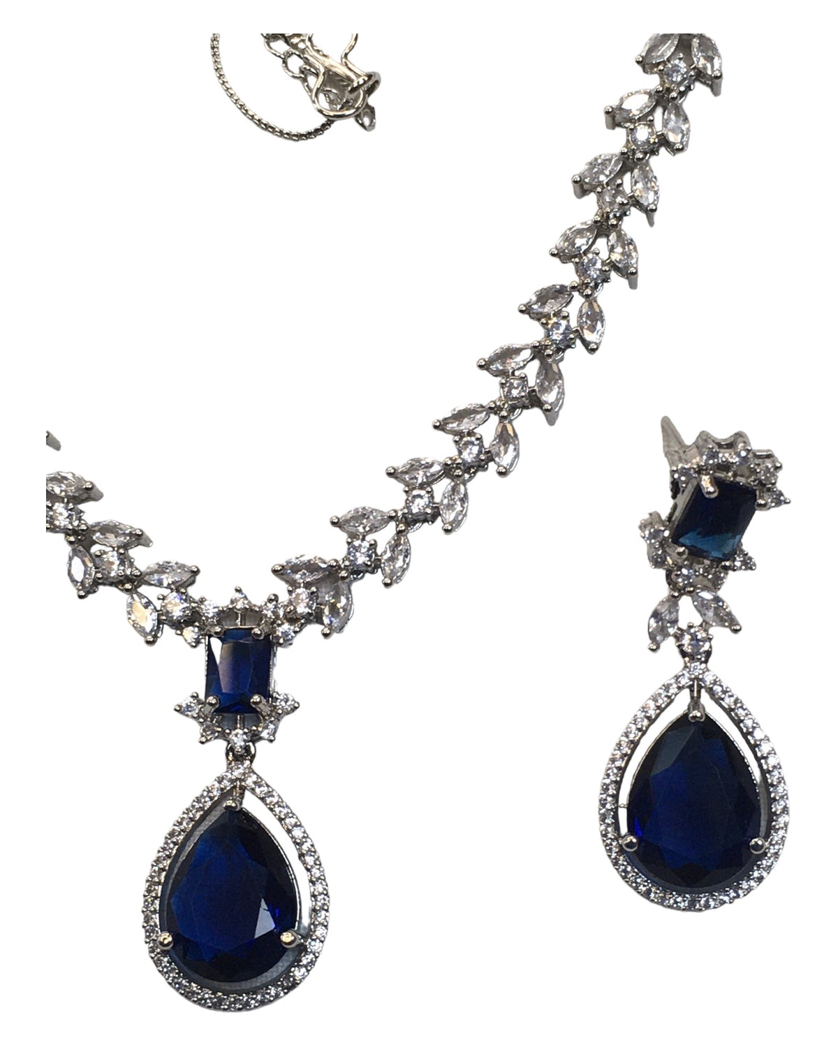 Navy - Medium - Silver Finish Necklace Set with Earrings - AE2409 A 0724 - Prachy Creations