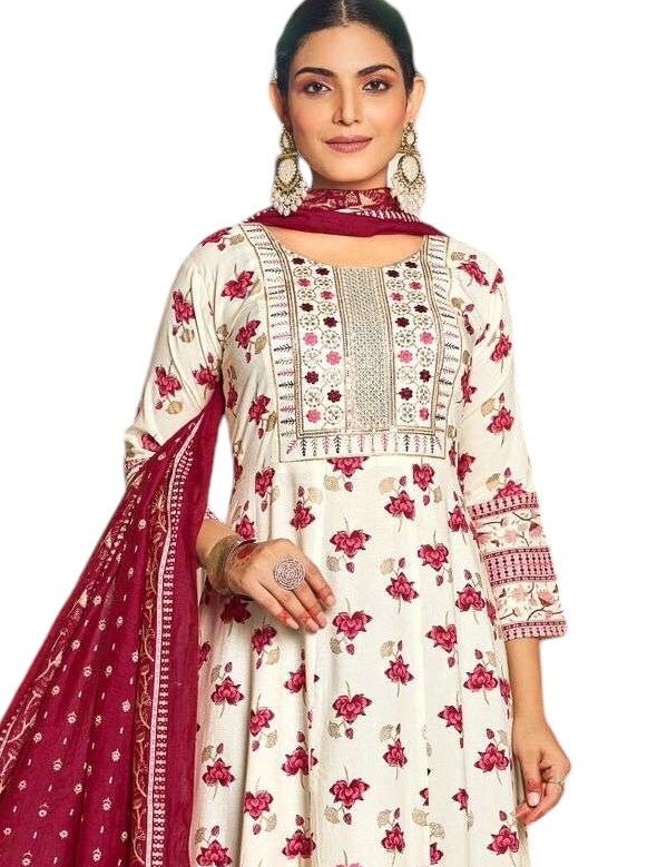Off White / Cream - Cotton Block Printed Long Dress with Dupatta - Available in Sizes 14(40") & 20 (46") - BH1003 KK 0924 - Prachy Creations