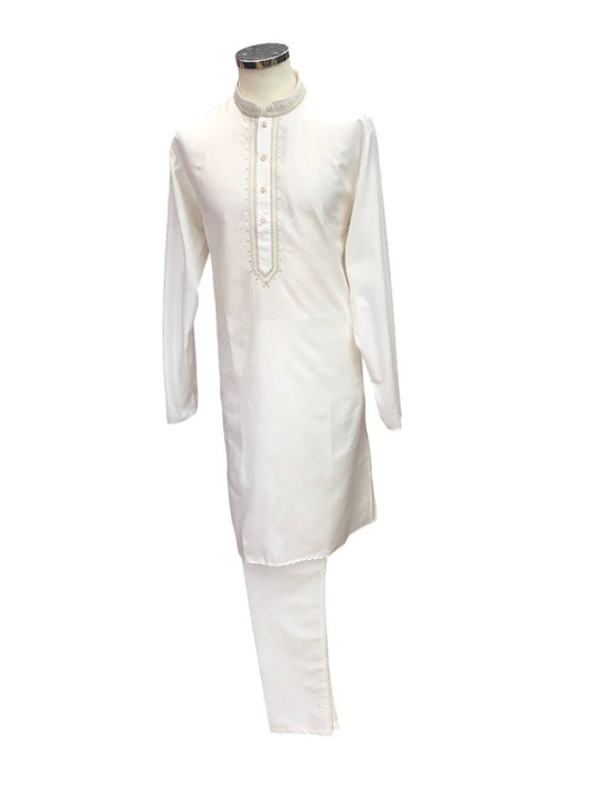 Off White / Cream - Cotton Mens Kurta Set with Thread Embroidery- Sangeet Mehendi Haldi - KCS1038 KV 1123 - Prachy Creations