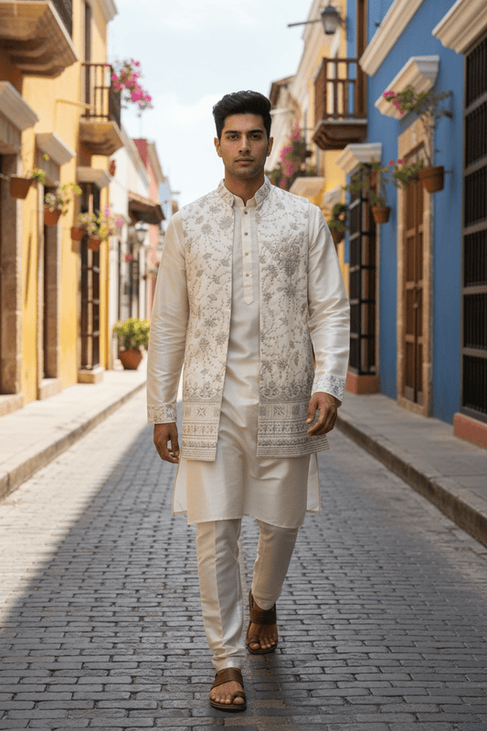 Off White / Cream - Mens Fully Embroidered Long Waistcoat with Rich Kurta set - KCS4853 03TH26 - Prachy Creations