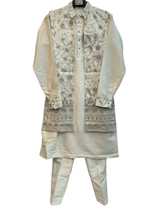 Off White / Cream - Mens Fully Embroidered Long Waistcoat with Rich Kurta set - KCS4853 03TH26 - Prachy Creations