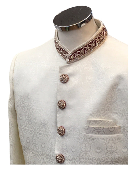 Off White / Cream - Rich Handloom Banarasi Sherwani with Contrast collar & Buttons - BS921 01AP25 - Prachy Creations