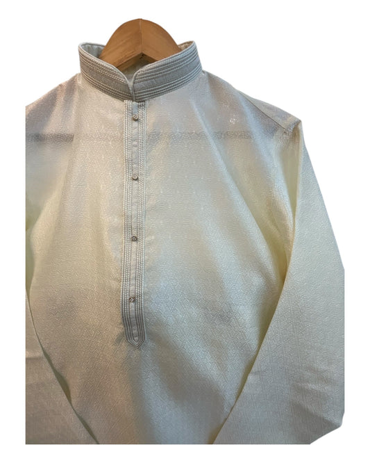 Off White / Cream - Silky Mens Indian Kurta set - UK Stock - Ideal to Pair with a Waistcoat - VEE2483 KH - Prachy Creations
