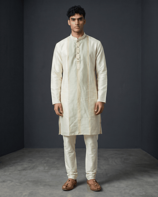 Off White / Cream - Soft Silky Mens Kurta Set with Draw stringed Trousers - Sangeet Mehendi Haldi - KCS2605 06KV26 - Prachy Creations