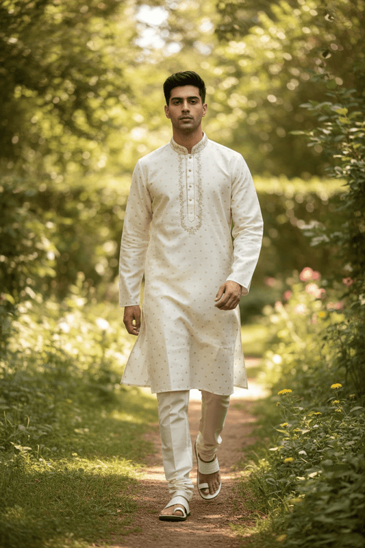 Off White - Self Brocade - Gold Thread Work Mens Kurta Set - Sangeet Mehendi Haldi - KCS2038 03VY26 - Prachy Creations