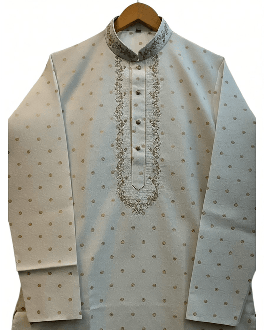 Off White - Self Brocade - Gold Thread Work Mens Kurta Set - Sangeet Mehendi Haldi - KCS2038 03VY26 - Prachy Creations