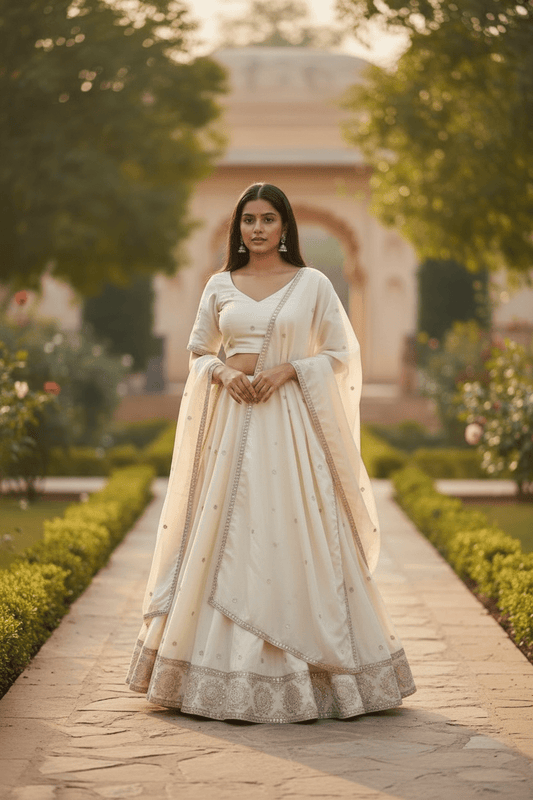 Off White - Silky Lehenga Set - Mehndi / Sangeet / Bridesmaids / Weddings / Garba - Size UK 12 (38" Bust) Adjustable to Size 14 - UK Stock - 24h Dispatch - AF2602 02TY26 - Prachy Creations