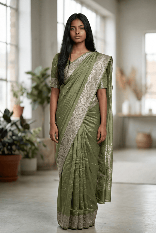 Olive Green - Fancy Party Saree with Blouse Piece - UK stock - 24hr Dispatch - VFU5410 03VR26 - Prachy Creations